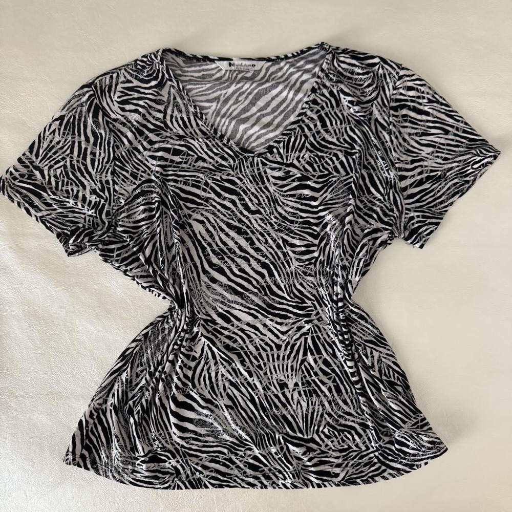 Y2K Zebra print vneck shirt with silver writing